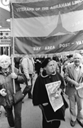 Ruth Davidow marching with the Veterans of the Abraham Lincoln Brigade against US involvement in the war in Nicaraugua