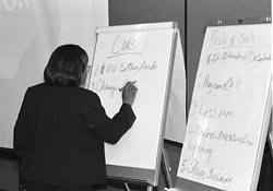 Worker writing on a flip chart, pros and cons