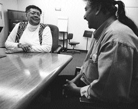 Lorretta and Danny talking and laughing