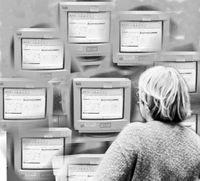 Photo montage, computers spining around as wiorker stares at screen